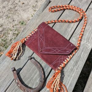Suede Envelope Crossbody Bag in Burgundy with Braided Orange Strap